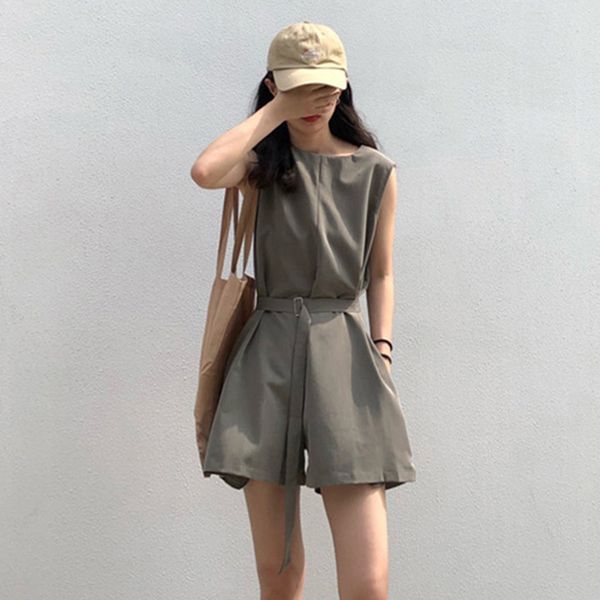 

armygreen playsuit women sleeveless jumpsuit rompers sashes combinaison overalls streetwear plus size o-neck casual bodysuit new, Black;white