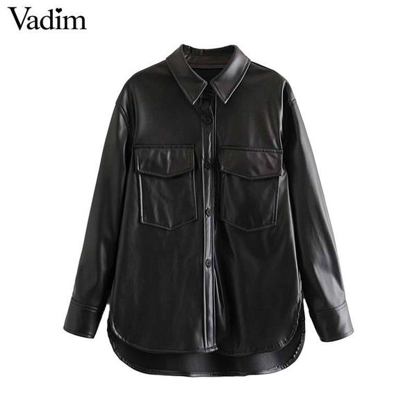 

вадим женщины стильной pu кожи черной блузка с длинным рукавом карманы потерять стиль рубашки женщины марочных chic твердого tops blusas lb8, White