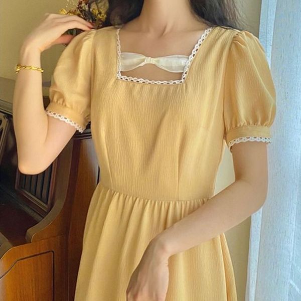 

new long fairy dress women elegant french retro bow dress square collar puff sleeve mid-calf solid korean female clothes 2020, Black;gray