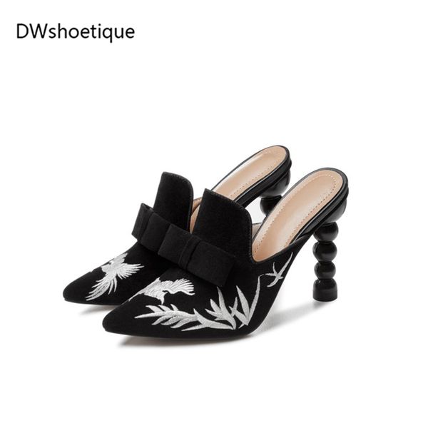 

spring bowtie suede leather women mules strange heel pointed toe embrodiery women slippers, Black