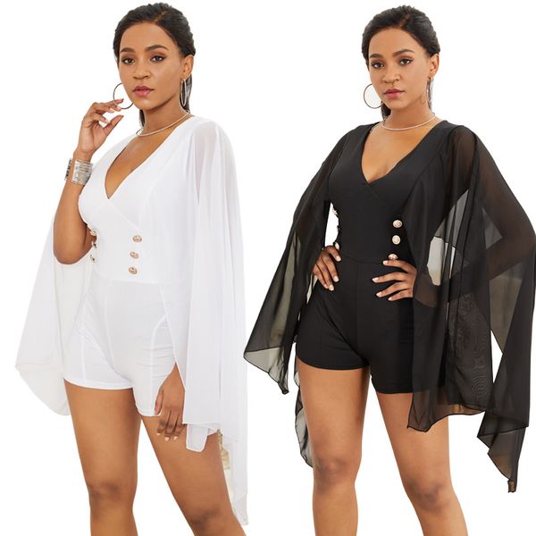 

women v neck jumpsuit batwing sleeves elastic slim fit female bodysuit for summer js24, Black;white