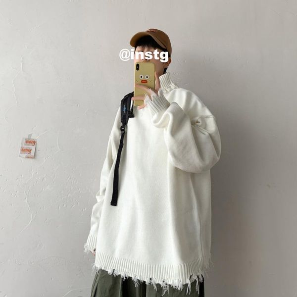 

men's sweaters winter casual keep warm coats thickening knitting cashmere pullover black/white woolen sweater holes turtleneck -2xl, White;black