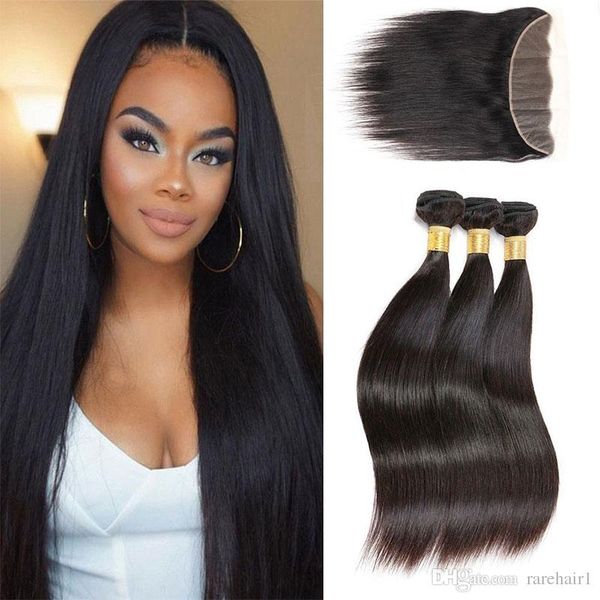Indian Straight Human Hair Bundles With Lace Frontal Closure Remy