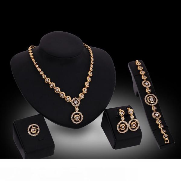

ring necklace bracelet earrings jewelry set exquisite luxury rhinestone 18k gold plated circles wedding jewelry 4-piece set wholesale js216, Slivery;golden