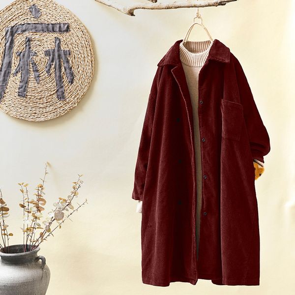 

women outerwear coats jackets vintage pockets corduroy solid button loose fashion female winter casual coat plus size, Black;brown
