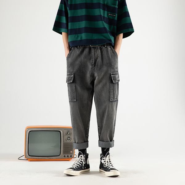 

2019 autumn men's baggy homme wash jeans male leisure cargo pocket casual pants loose trousers black/blue color haren pants