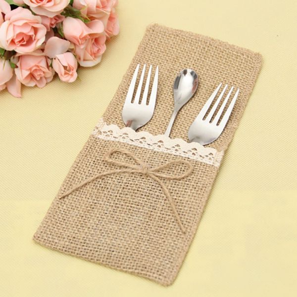 

natural jute cutlery knives and forks cutlery set 6pcs burlap lace pouch party wedding table decoration accessories