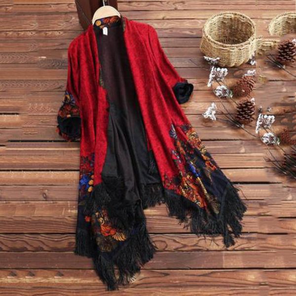 

jaycosin ethnic floral tassel cardigan shawl coat women autumn fame style tassel ladies casual plus loose jacket outwear 9731, Black;brown