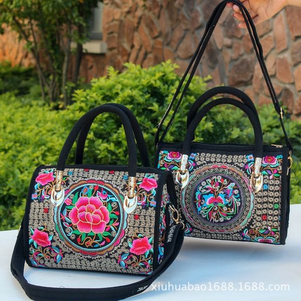 

2019 new national style embroidery bag double canvas slung women's bag
