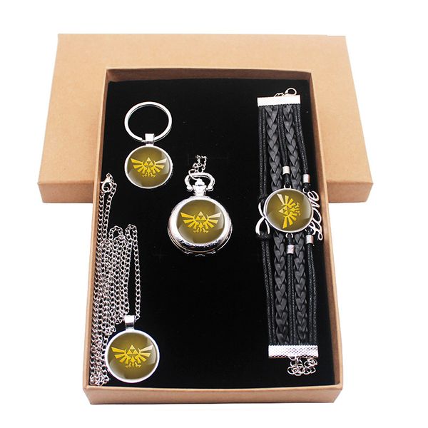 

classic the legend of zelda creative jewelry gift set have pocket watch and pendant necklace and key chain bracelet with box, Slivery;golden