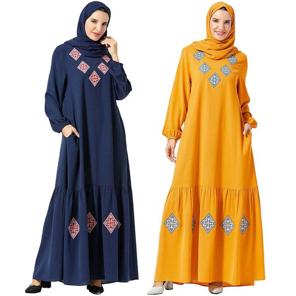 

new traditional embroidered women o-neckdress abaya ethnic ukraine maxi muslim robe lantern sleeve big swing dress, Red