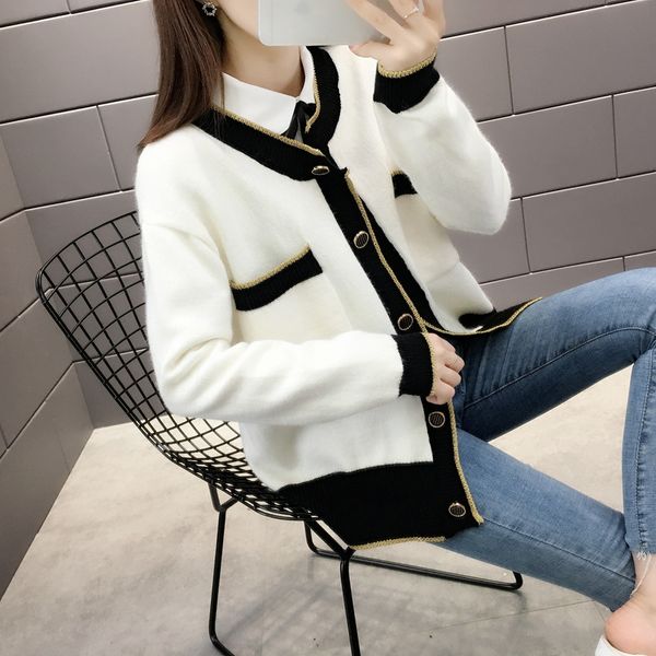 

2019 milinsus women knitted cardigan women's loose knitted sweater jacket coat autumn winter clothes black white splice pocket