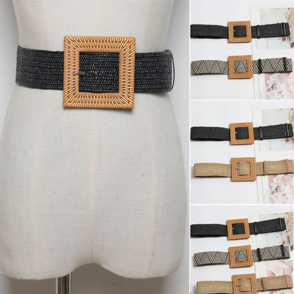 

women women round elastic belts casual girl square buckle straw braided casual wooden buckle belt braided woven waistband