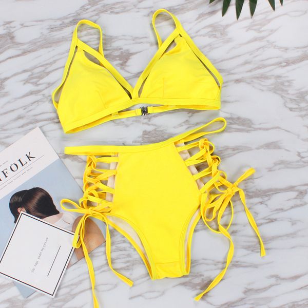 

2019 vintage neon yellow bikini set swimsuit women swimwear high waist bathing suit push up bandeau brazilian bikinis