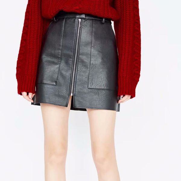

2019 plain faux leather skirt black mid waist zip front pu skirt women elegant sheath korean knee mini a-line elegant
