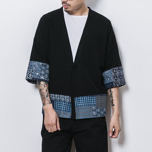 

mrdonoo summer japanese style kimono robe coat men loose large size seven points sleeve shirt retro chinese style cardigan 8808, Tan;black