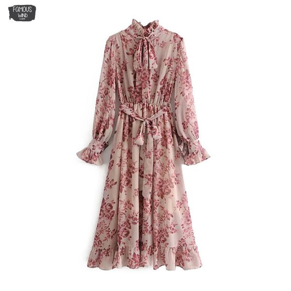 

урожай цветочные ruffled печати пояса ruffled dress женщины 2019 мода плиссированные галстуки-бабочки с длинным рукавом платья повседневные, Black;gray