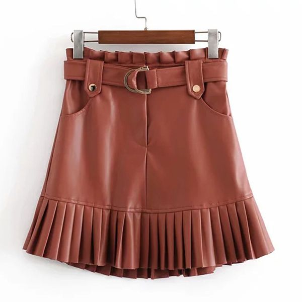 

bonjean women's pu leather pleated skirt with belt fashion high waist slim winter za skirts women female falda, Black;gray