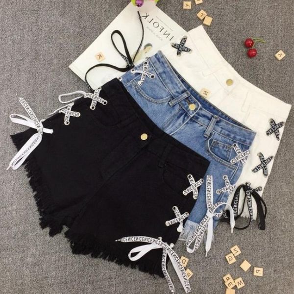 

women's shorts summer women denim 2021 black blue high waist ripped short jeans femme tassel lace up bandage pants, White;black