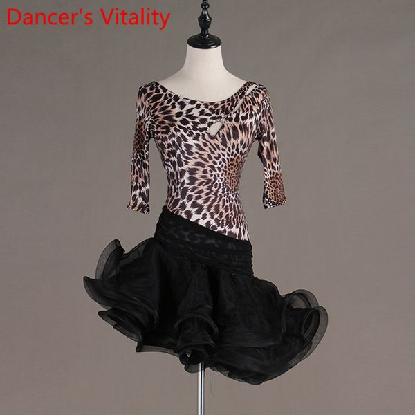 

2019 new latin dance half sleeves leopard clothes women performance costume tango samba cha cha dancing wear oufits, Black;red
