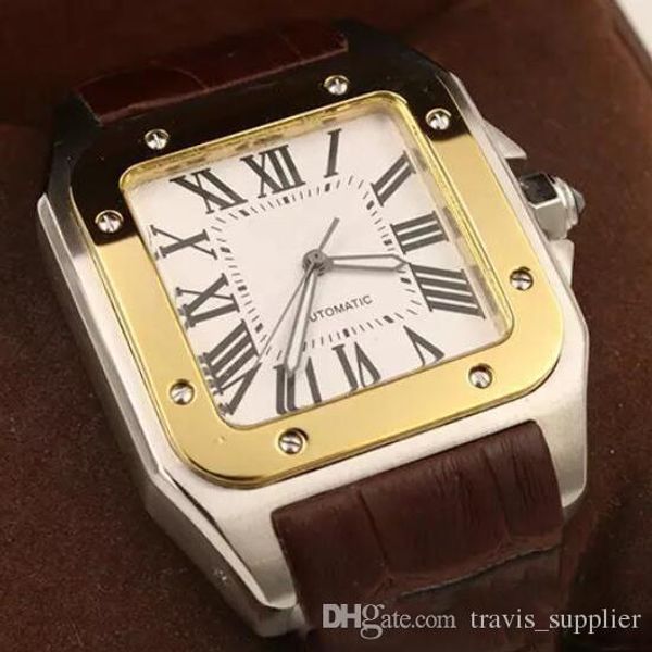 

2019 new brand men two tone 100 xl watch automatic mechanical watch brown leather gold case men's sports original clasp wristwatches, Slivery;brown