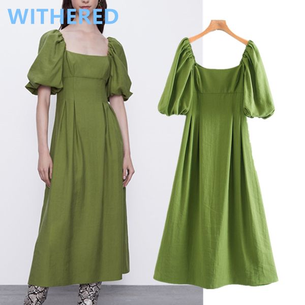 

withered 2020summer dress women england vintage puff sleeve square collar simple vestidos de fiesta de noche vestidos maxi dress, Black;gray