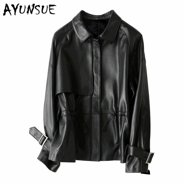 

ayunsue fashion natural sheepskin coats short genuine leather coat female autumn spring trench jackets women real leather 29104, Black