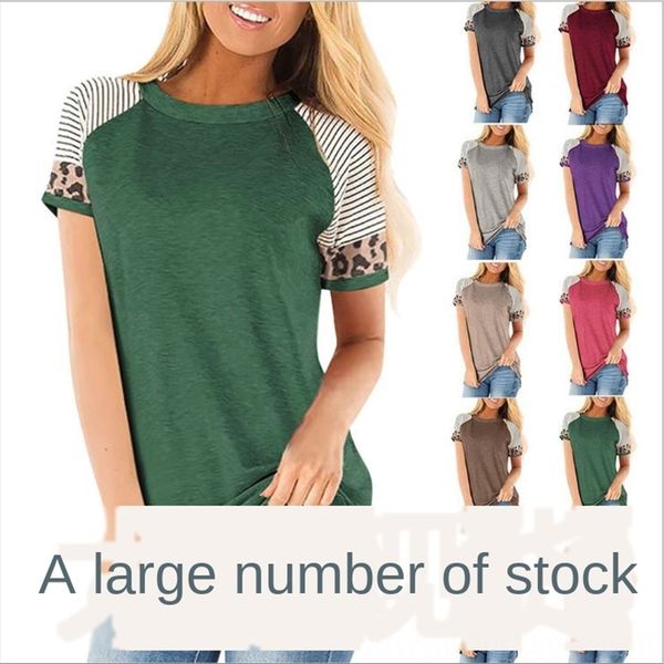 

summer 2020 women's leopard print round collar short sleeve contrast color summer 2020 women's leopard print round collar short sl, White