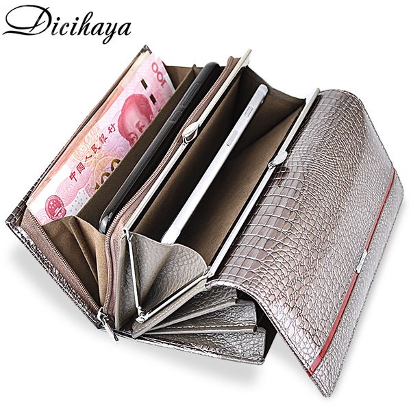 

dicihaya brand genuine leather women wallets crocodile print long hasp zipper wallet ladies clutch bag purse female luxury 2019 y190701, Red;black