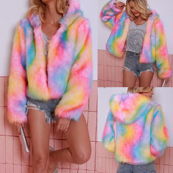 

hooded women faux fur coat fashion multi-colored long sleeve autumn winter coat women plus size female fur chaqueta mujer, Black