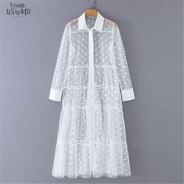 

2020 see through women polka dot mesh dress fashion long sleeve ball gown lapel shirts dress ladies long dress women cover ups, Black;gray