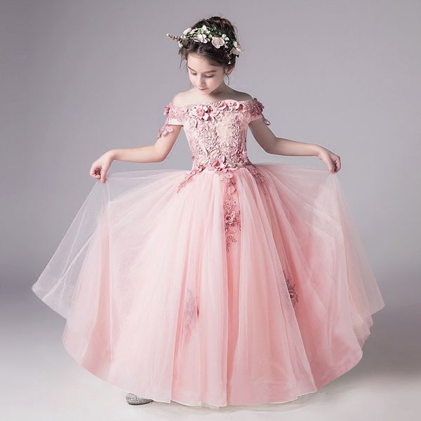 

gorgeous girls shoulderless lace wedding dress first communion gown for girls bead appliques party tulle princess birthday dress y190518, Red;yellow