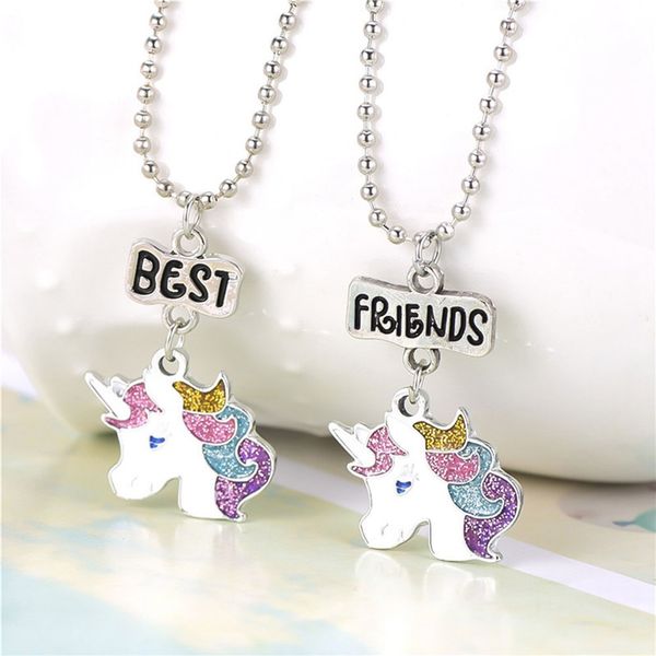 

new design 2pcs a set unicorn pendant necklaces for children boys and girls friend friendship necklace chain jewelry, Silver