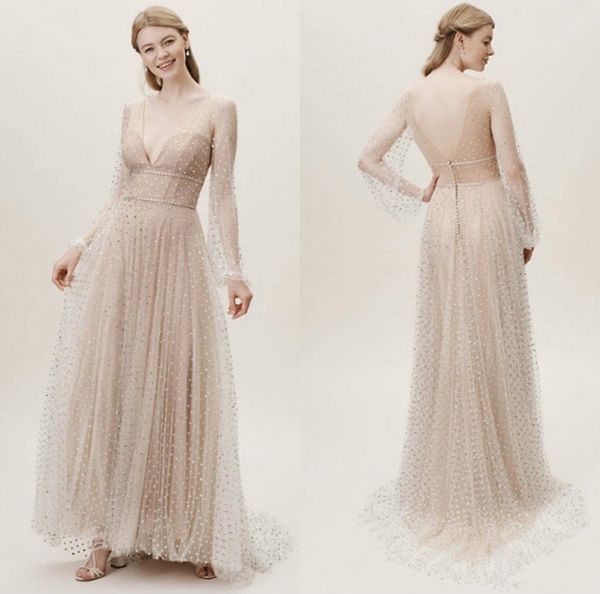 

2020 blhdn beach wedding dresses v neck rhinestone beaded a line long sleeve champagne wedding dress sweep train backless vestidos de novia, White