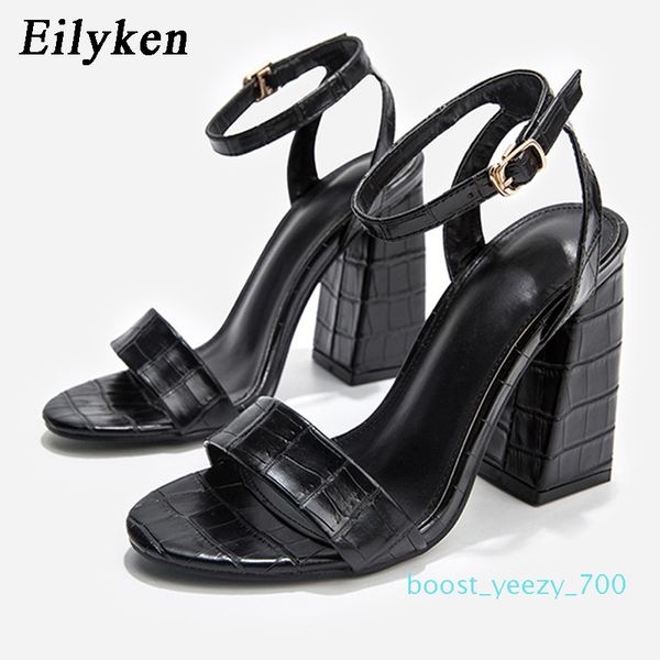 

eilyken peep toe ankle buckle strap square heel gladiator sandals woman summer soft leather casual shoes b70, Black