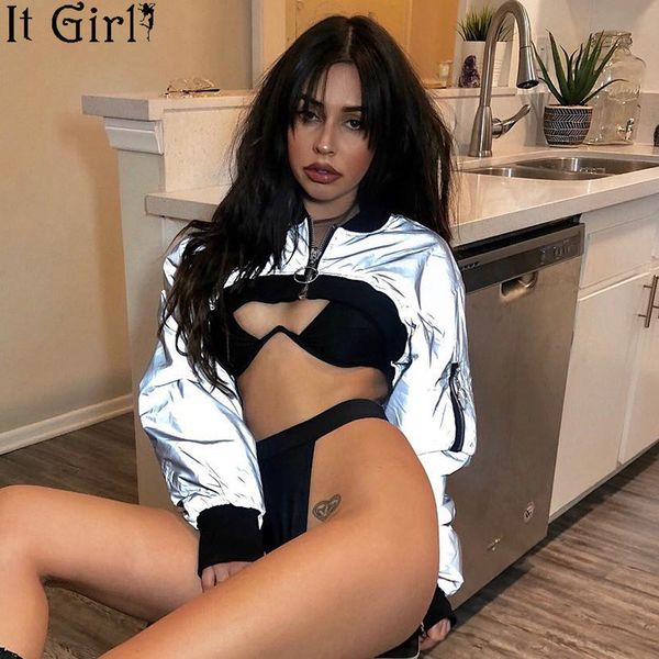 

sliver reflective patchwork cropped bomber jacket women 2019 chaqueta mujer streetwear long sleeve coats and jackets z61, Black;brown