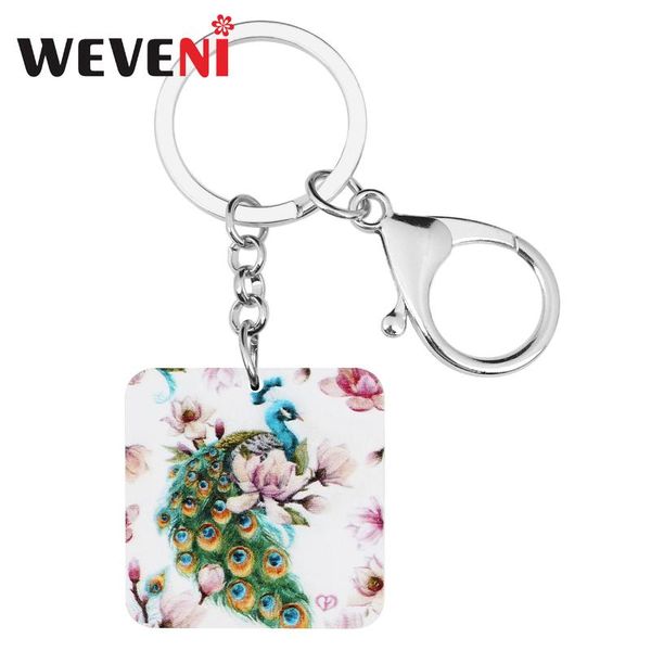 

weveni acrylic square elegant peacock peafowl keychains bird animal keyring jewelry for women girls kid fashion gifts decoration, Silver