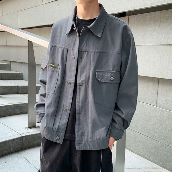 

2019 spring and autumn men's new casual solid color pocket decoration single-breasted lapel jacket loose temperament cotton, Black;brown