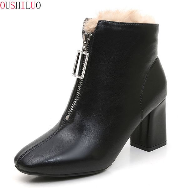 

med women ankle boots square heel slip-on casual vintage short boots round toe metal decoration winter shoes plus size, Black