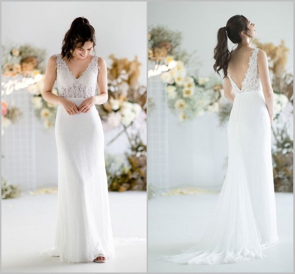

backless mermaid wedding dresses v neck sleeveless appliques lace wedding gowns sweep train custom made vestidos de novia, White