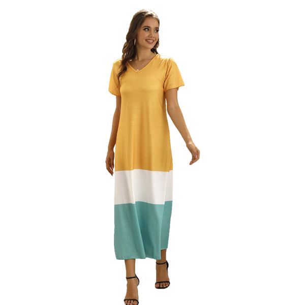 

Women Hot Selling Summer Midi Dresses for Casual Work Stitching Short Sleeved V Neck Dress S-5XL