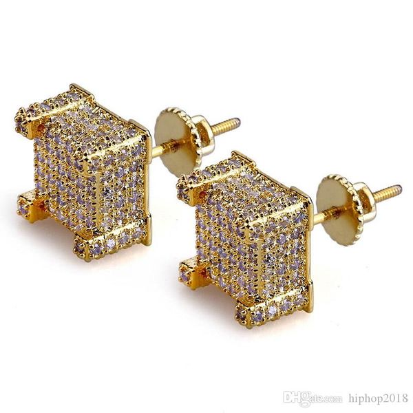 

mens hip hop stud earrings jewelry new fashion gold silver zircon diamond square earrings for men, Golden;silver