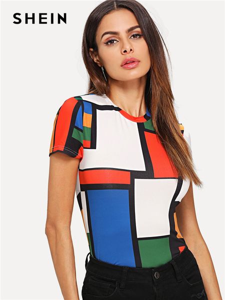 

geometric print color block multicolor short sleeve round neck tee women raglan sleeve slim fit pullovers t-shirt, White