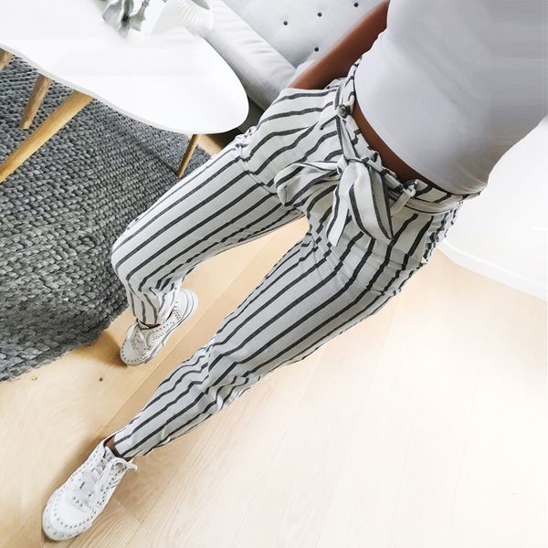 

chiffon high waist striped harem pants for women bow tie drawstring sweet elastic waist pockets casual ankle-length pants, Black;white
