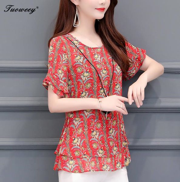 

2019 new arrival fashion summer short sleeve slim floral shirt female casual slim color plus size elegant printed blouse 4xl, White