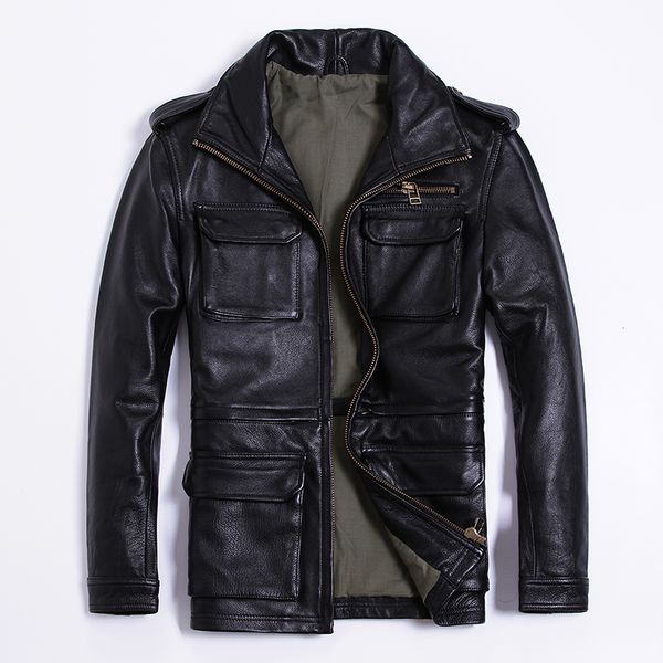

men's classic m65 militaly 2020 genuine jacket man multi-pockets thicken cowhide leather coat for men, Black