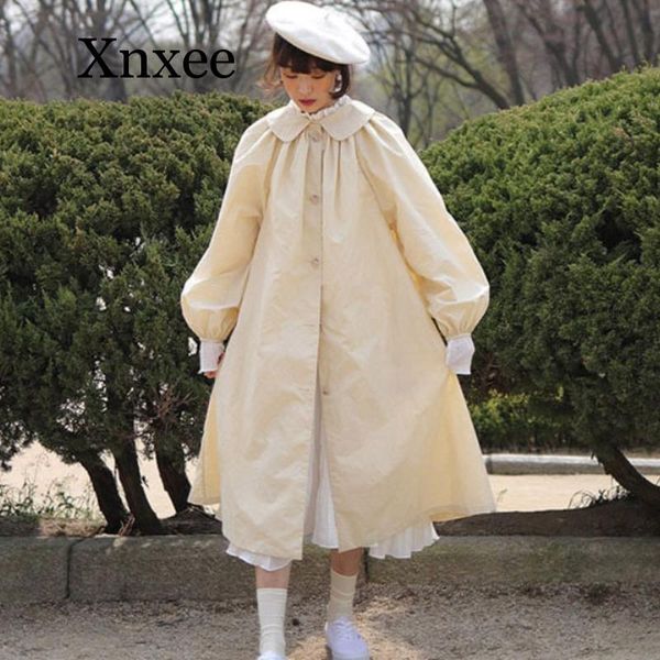 

lolita kawaii coat autumn winter new fashion solid color single-breasted doll collar lantern sleeves long windbreaker women, Tan;black