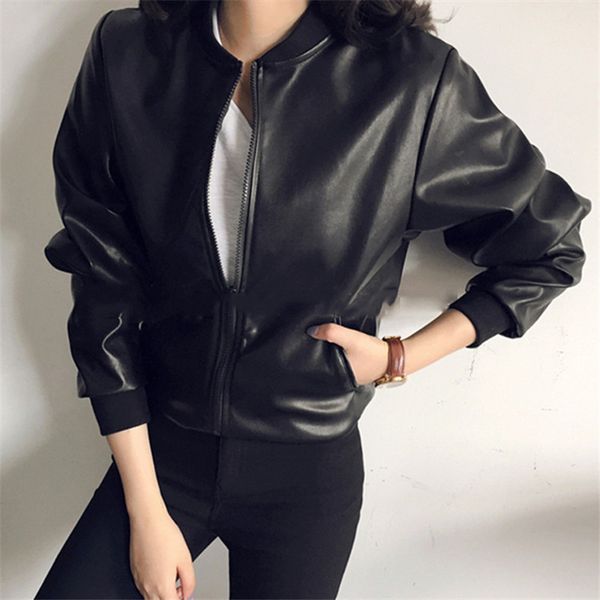 

autumn new short faux leather jacket women fashion loose zipper motorcycle pu leather retro long sleeve basic motorcycle jacket, Black