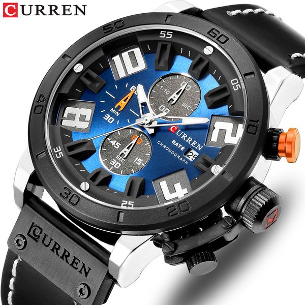 

mens watches fashion chronograph quartz digital wristwatch curren leather strap watch with waterproof 30m reloj hombre, Slivery;brown