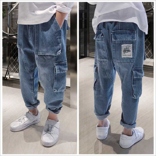 

autumn kids clothes jeans boys pants spring loose pocket harlan jeans for boy children denim trousers kids for teens 3-14y, Blue